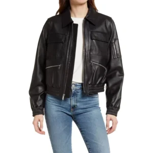 black bomber leather jacket womens