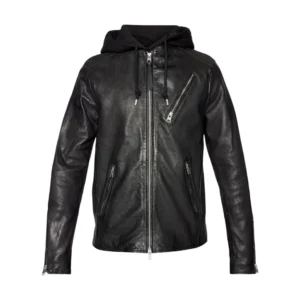 men's black hooded leather bomber jacket