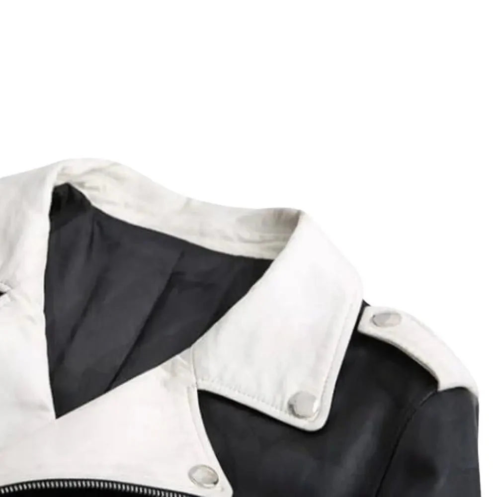 men's black and white leather biker jacket