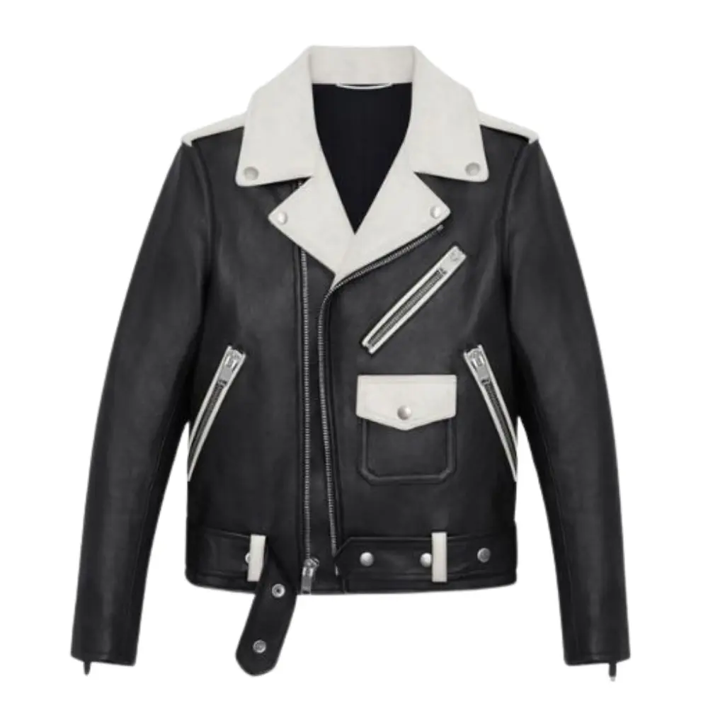 men's black and white leather biker jacket