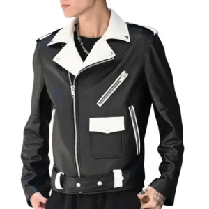 men's black and white leather biker jacket