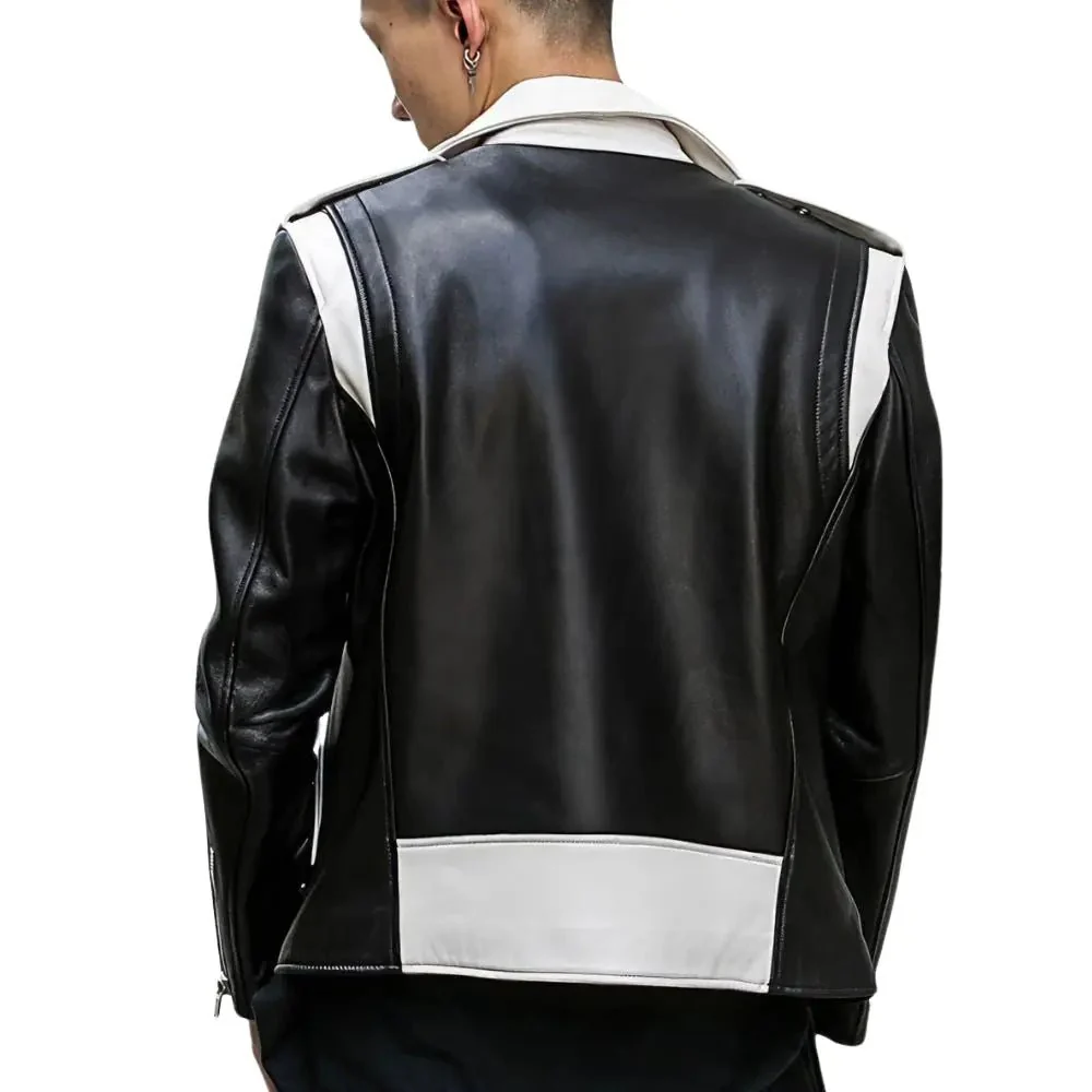 men's black and white leather biker jacket