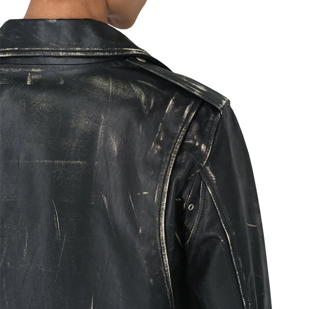 rugged matte men's black leather biker jacket