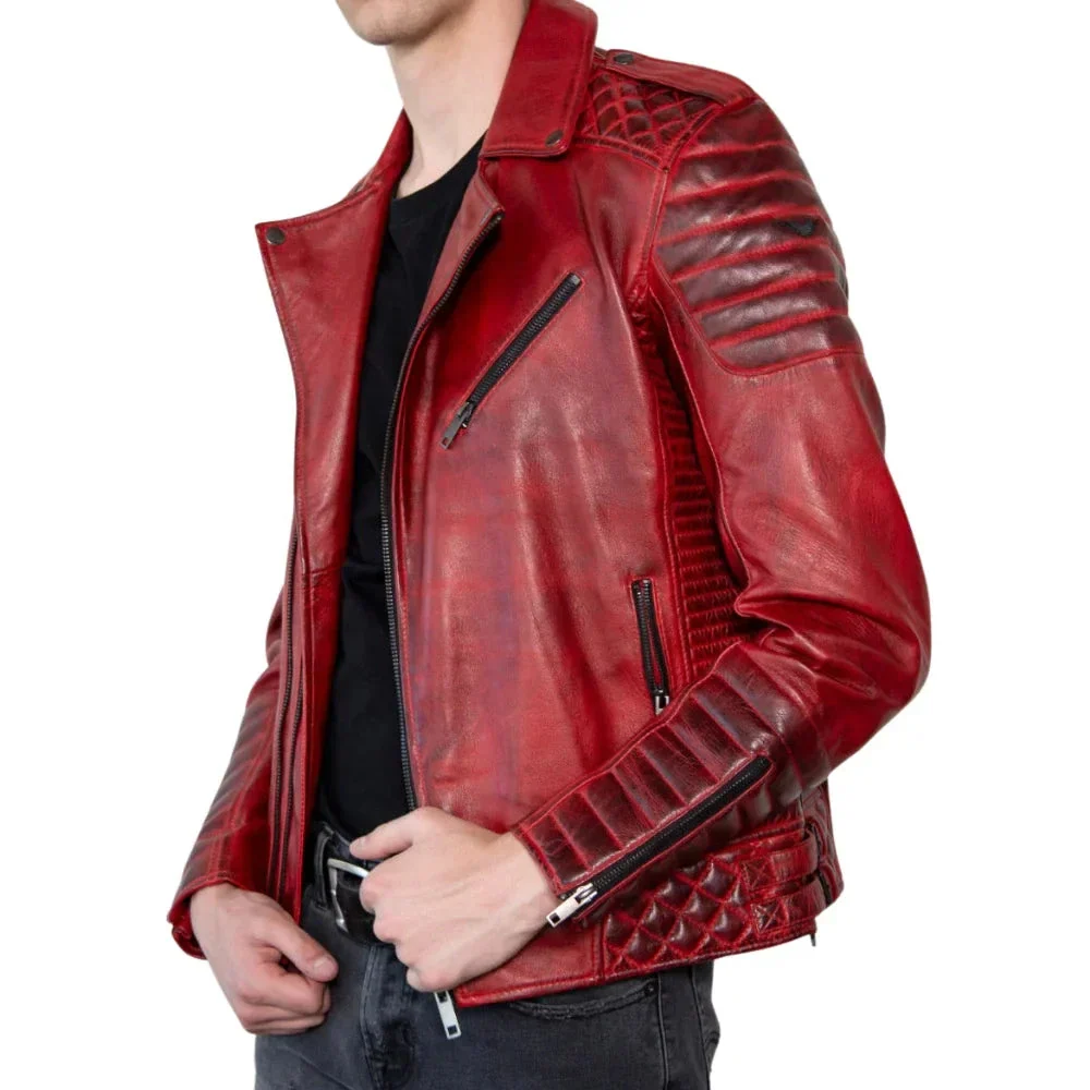 red real leather biker jacket men's with quilted details