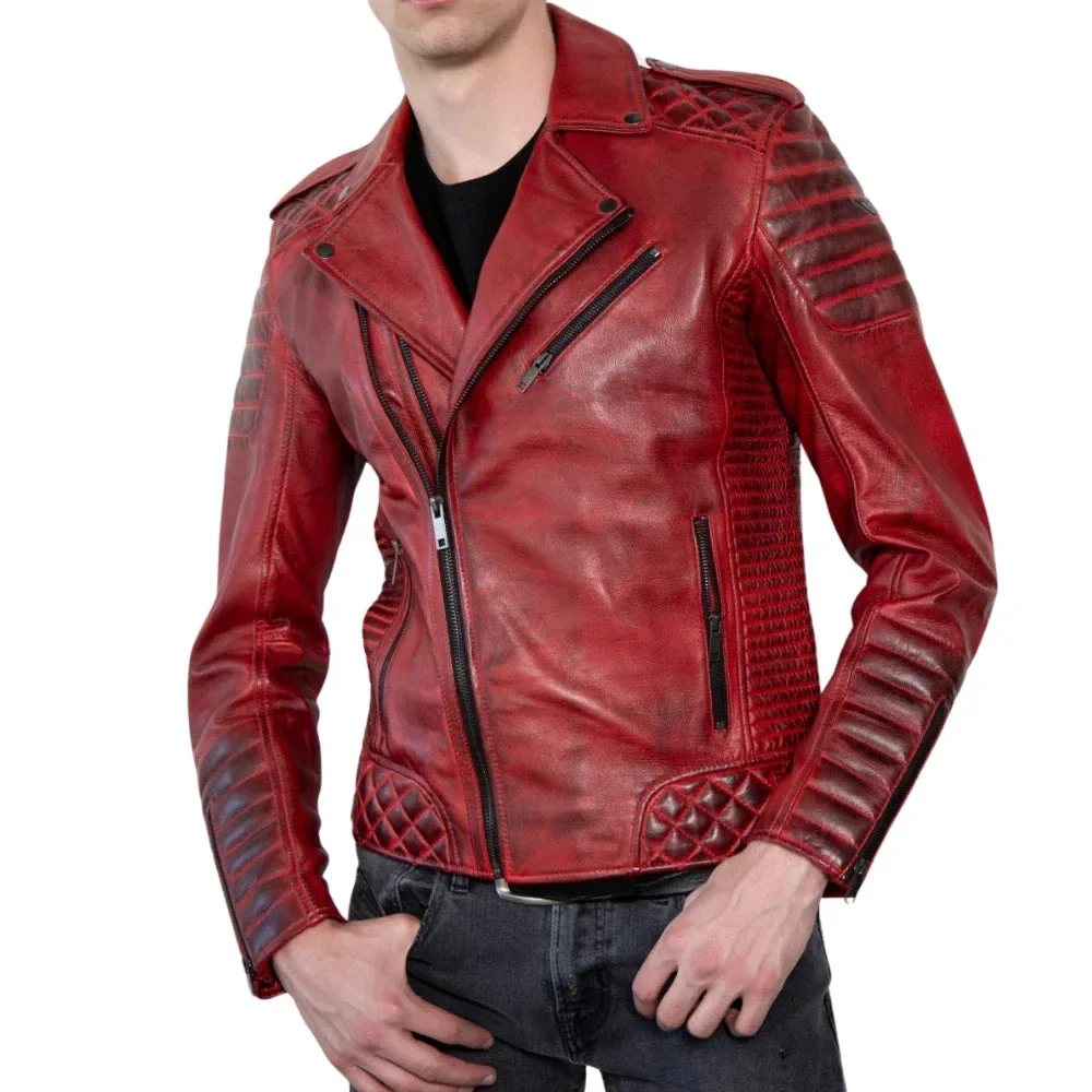 red real leather biker jacket men's with quilted details