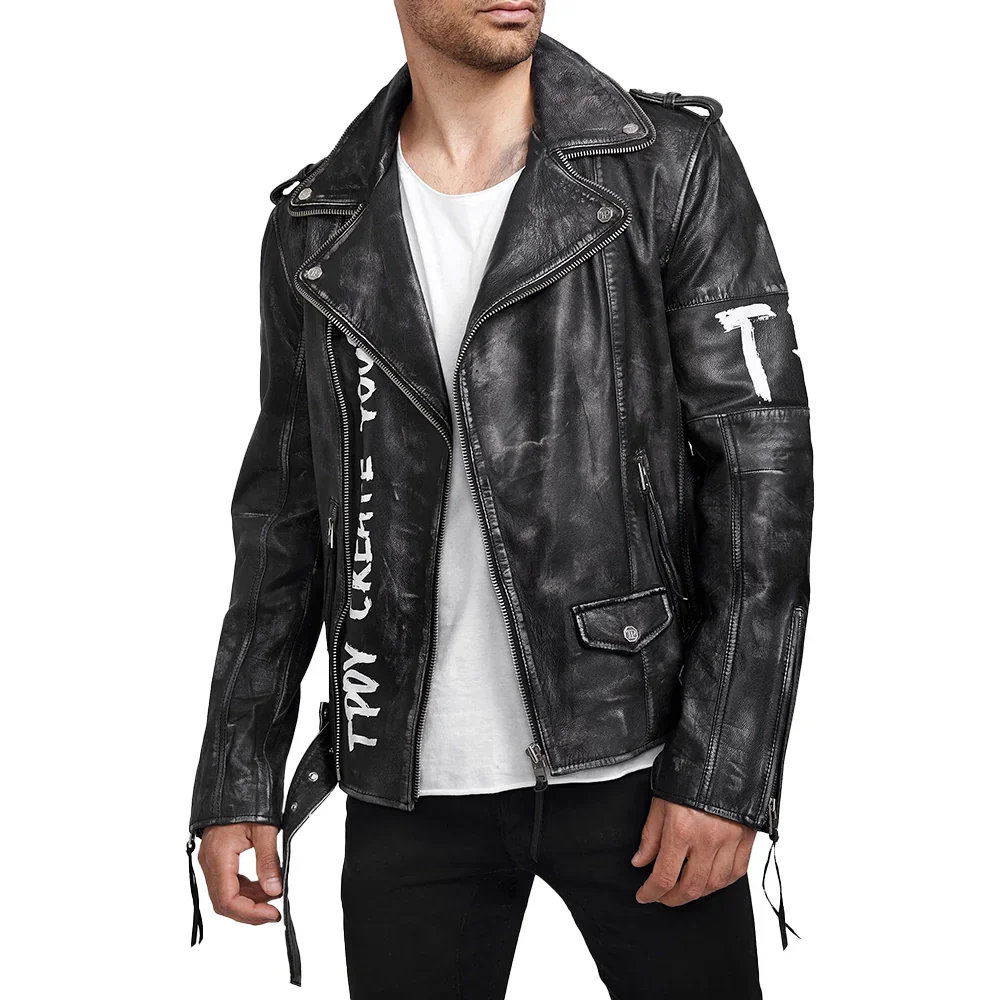 rugged matte men's black leather biker jacket