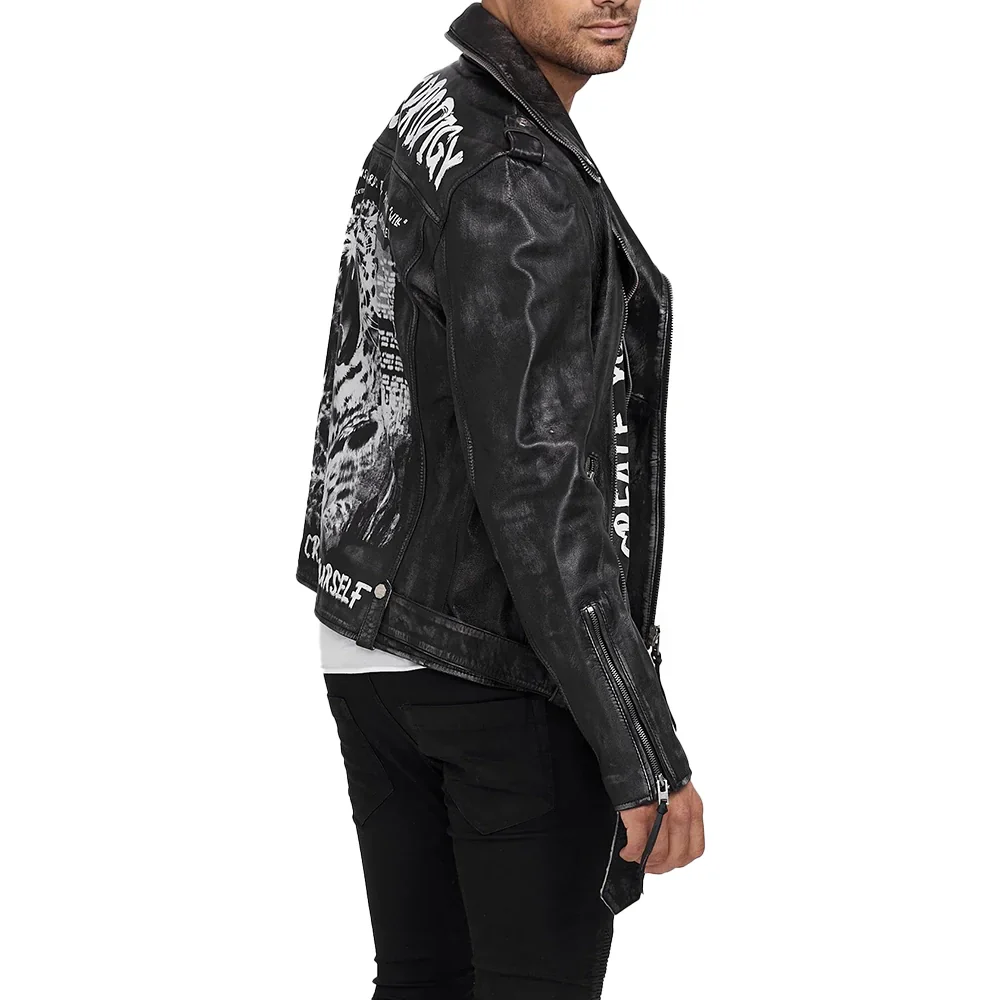 rugged matte men's black leather biker jacket