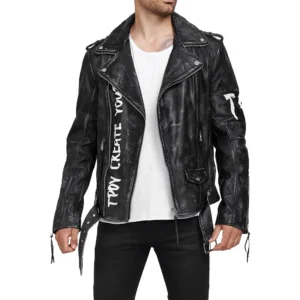 rugged matte men's black leather biker jacket