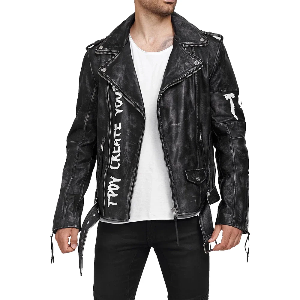 rugged matte men's black leather biker jacket