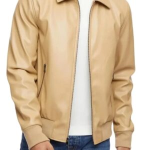 men’s beige bomber leather shirt jacket
