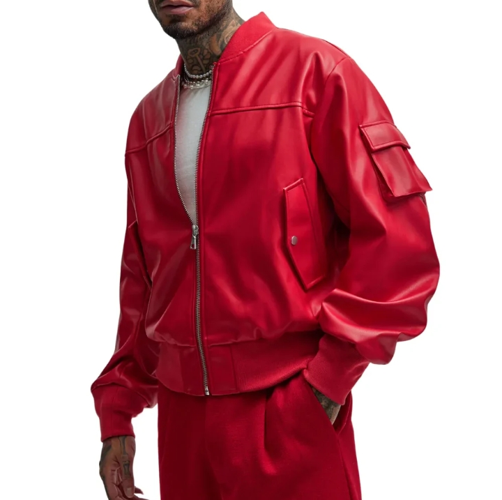 men's arm pocket oversized red leather bomber jacket