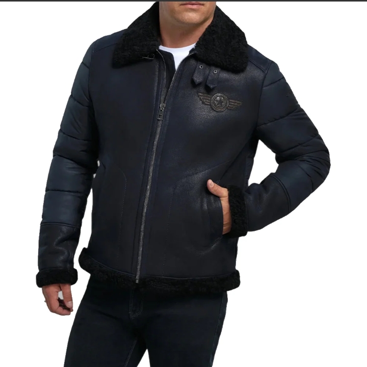 men's blue b3 raf aviator sheepskin shearling leather jacket