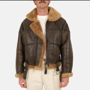 distressed brown shearling leather bomber jacket for mens