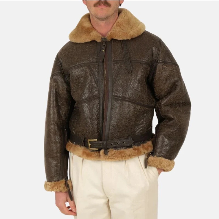 distressed brown shearling leather bomber jacket for mens