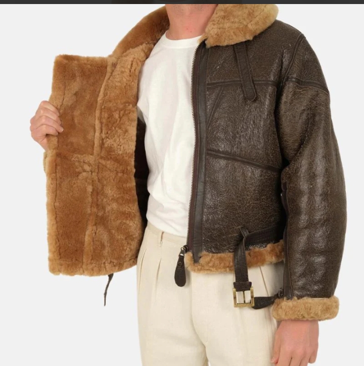 distressed brown shearling leather bomber jacket for mens