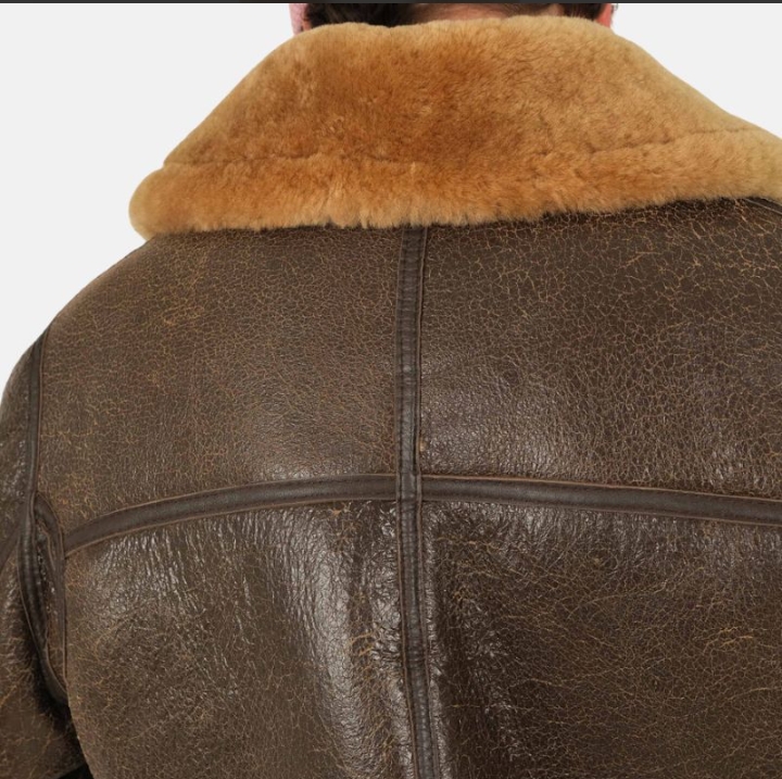 distressed brown shearling leather bomber jacket for mens