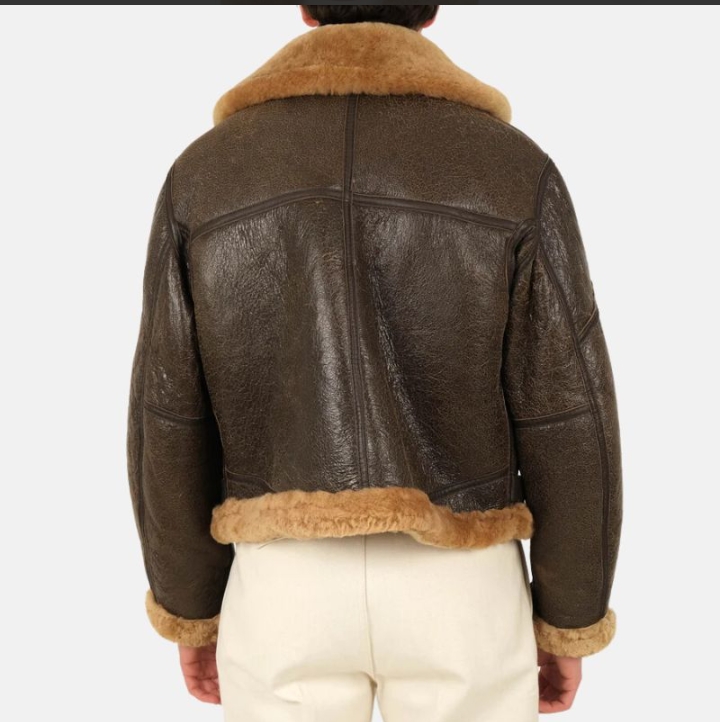 distressed brown shearling leather bomber jacket for mens