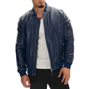 men's navy blue real leather bomber jacket