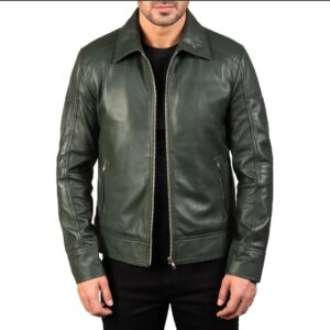mens' green shirt collar real leather biker jacket