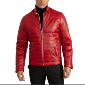men's red leather lambskin puffer jacket