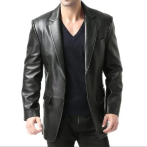 men's two button real lambskin black leather blazer