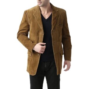 slim fit notch lapel camel brown suede leather blazer mens