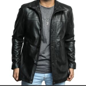 murphy men's real lambskin black leather car coat 3/4 length coat