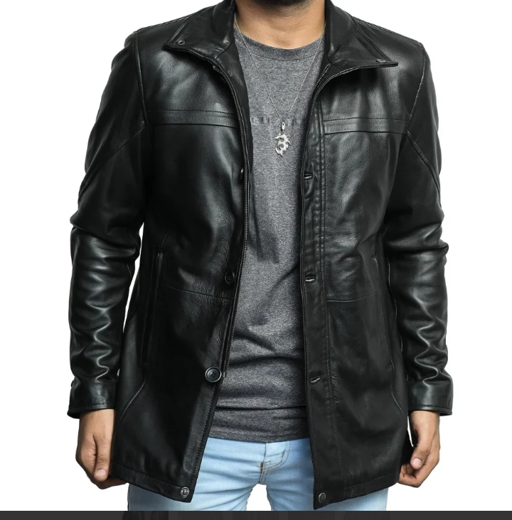 murphy men's real lambskin black leather car coat 3/4 length coat