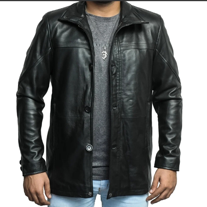 murphy men's real lambskin black leather car coat 3/4 length coat