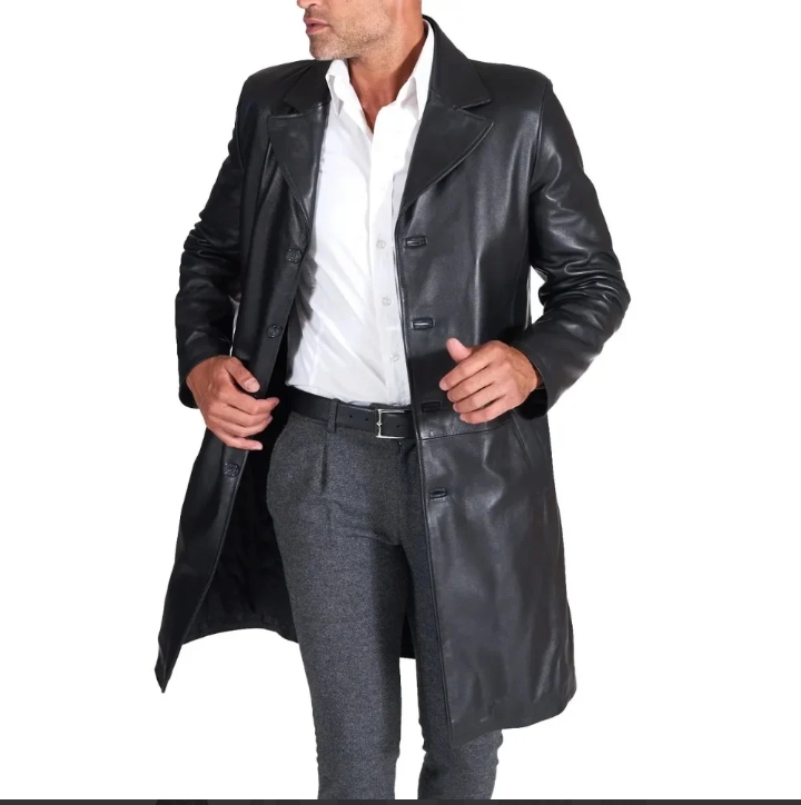 men's long real black lamb leather long coat