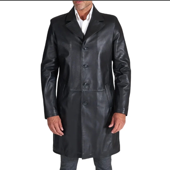 men's long real black lamb leather long coat