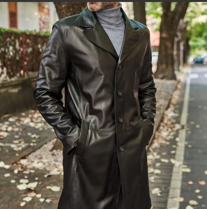 men's long real black lamb leather long coat