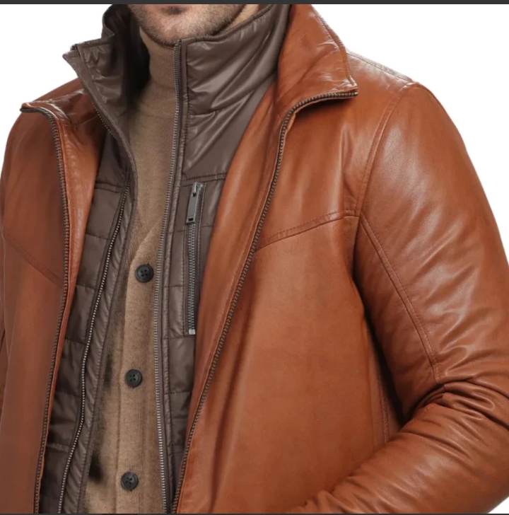 men's genuine brown lamb leather coat with removable quilted vest