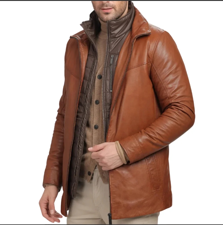 men's genuine brown lamb leather coat with removable quilted vest