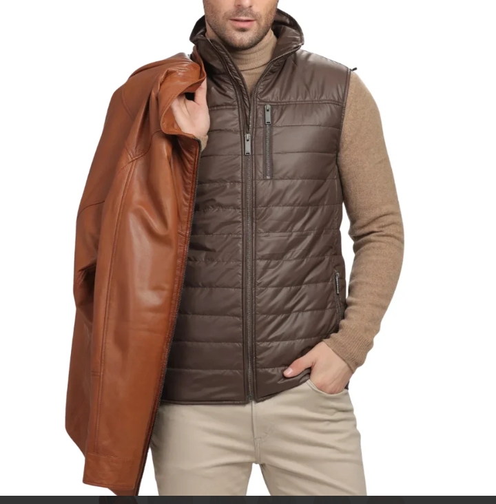 men's genuine brown lamb leather coat with removable quilted vest