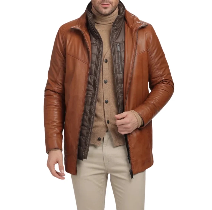 men's genuine brown lamb leather coat with removable quilted vest