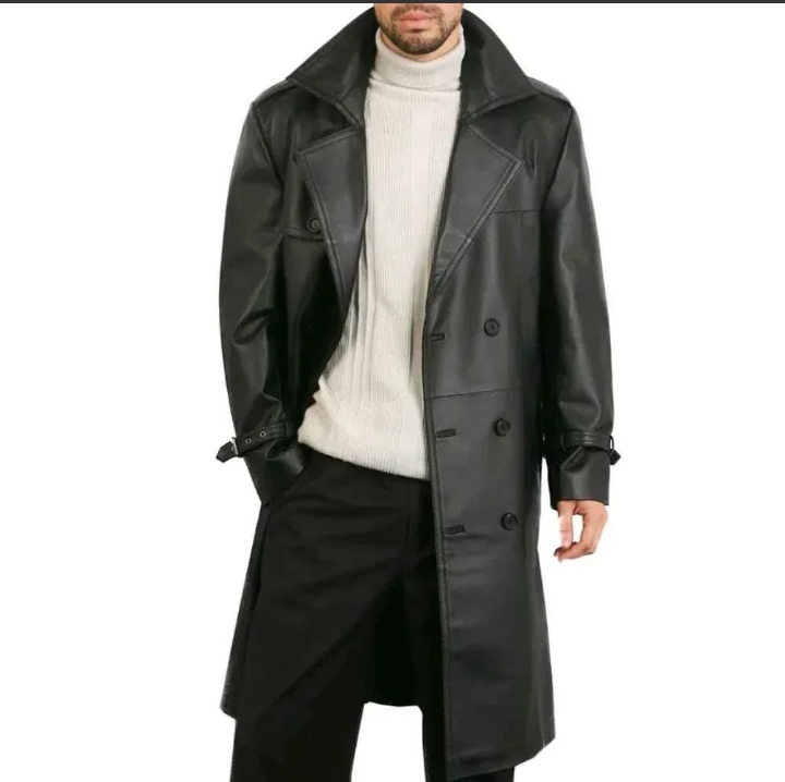 mens double breasted black lambskin leather trench coat