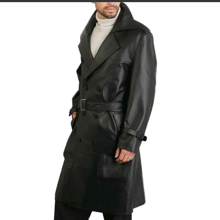mens double breasted black lambskin leather trench coat