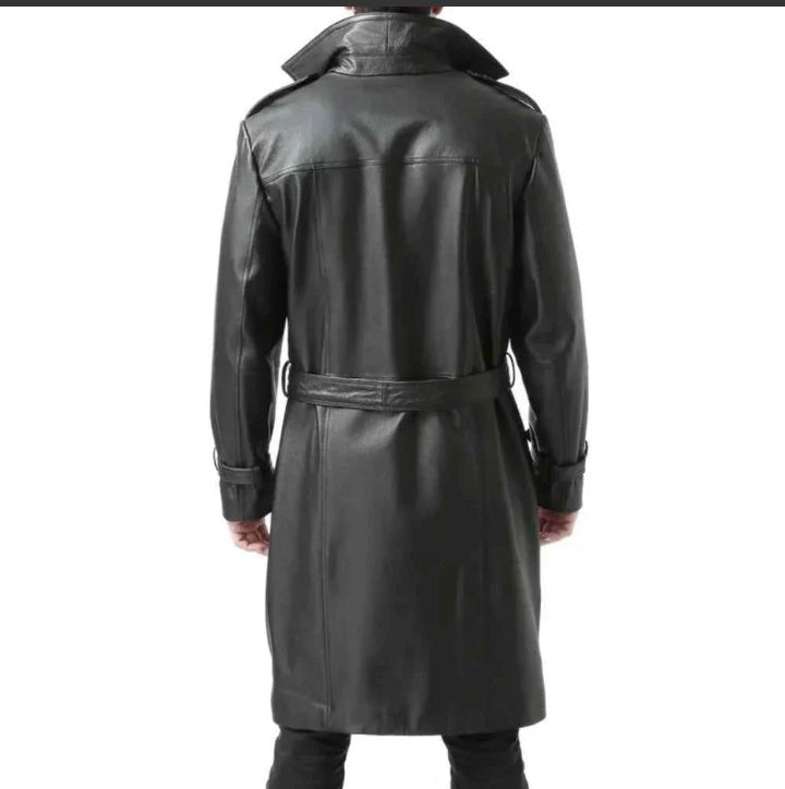 mens double breasted black lambskin leather trench coat