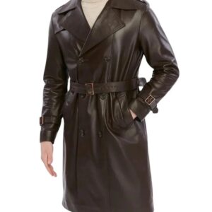 men's double breasted brown trench leather coat