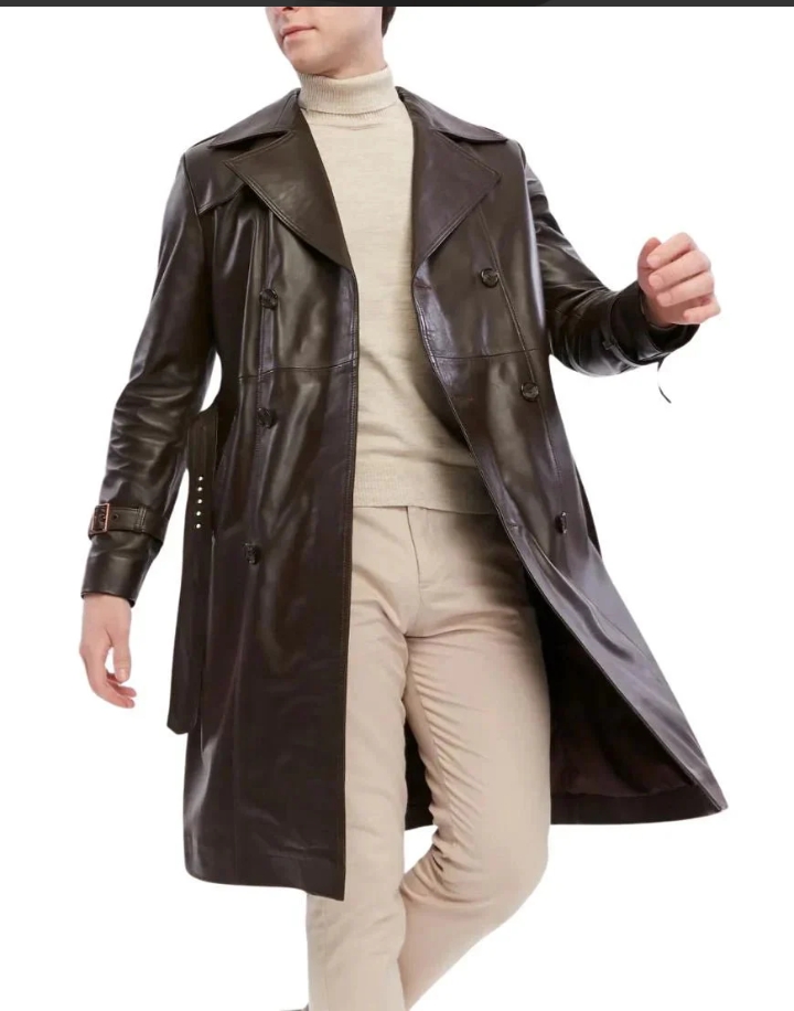 men's double breasted brown trench leather coat