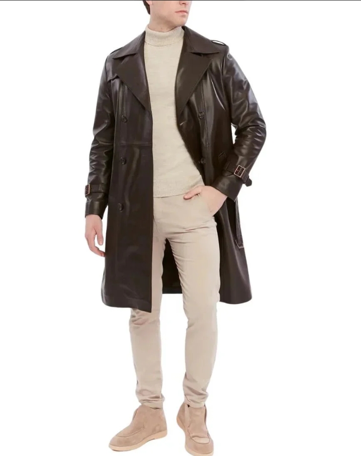 men's double breasted brown trench leather coat
