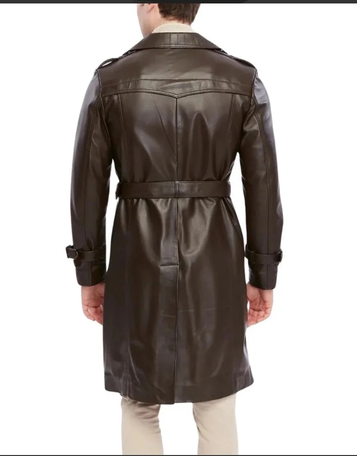 men's double breasted brown trench leather coat