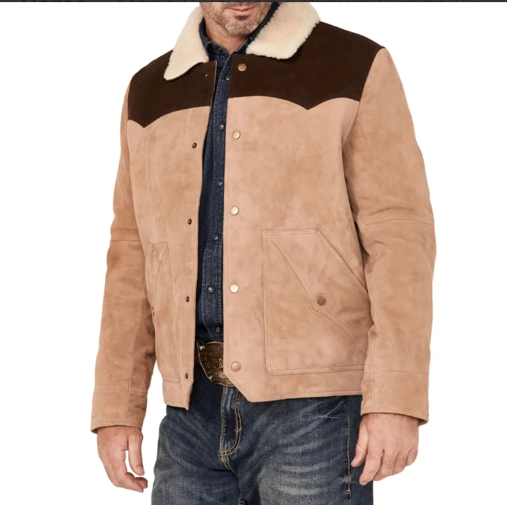 mens beige and brown suede shearling collar dutton jacket