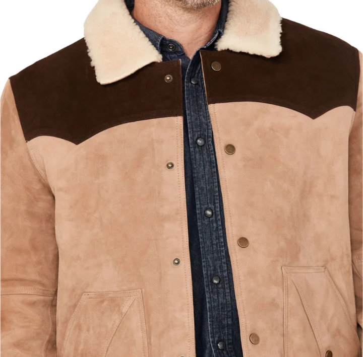 mens beige and brown suede shearling collar dutton jacket