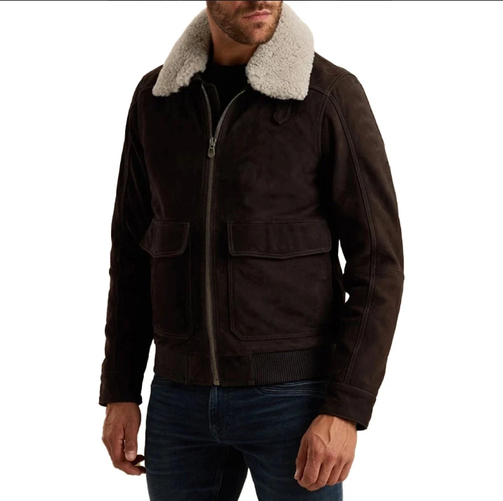 men's brown aviator nubuck leather fur jacket
