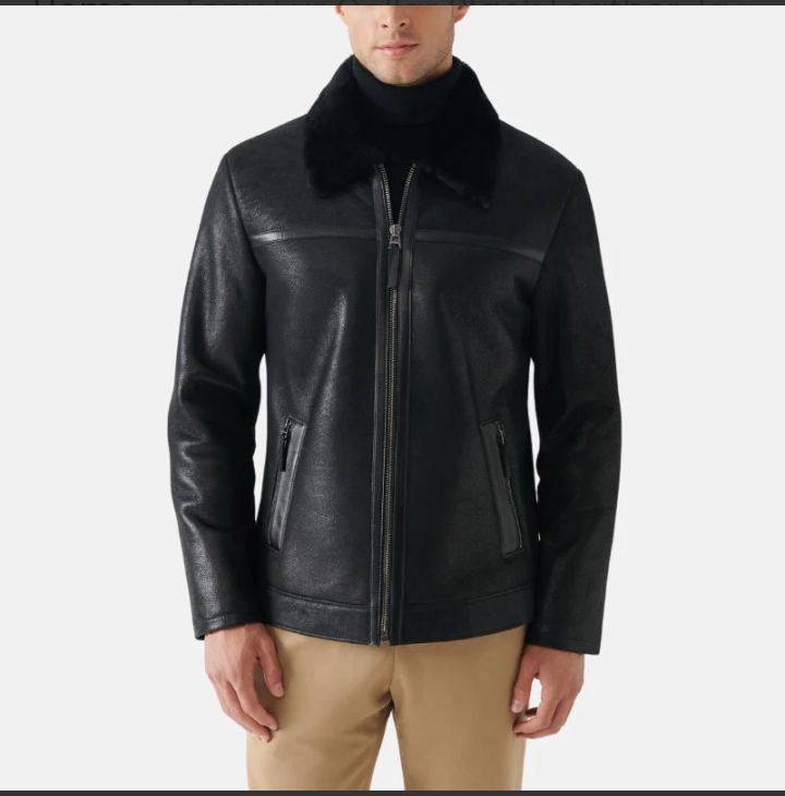 tony fur collar black leather jacket mens