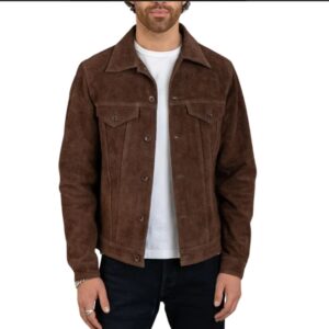 james men's shirt collar dark brown suede leather trucker jacket
