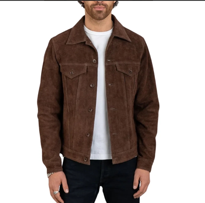 james men's shirt collar dark brown suede leather trucker jacket