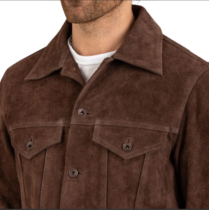 james men's shirt collar dark brown suede leather trucker jacket